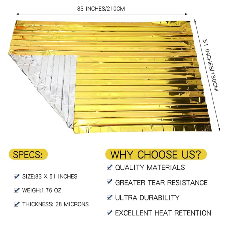 Survival Blanket Reflective - Gold-Silber Mylar Thermische Überlebensdecke 130×210cm, Reflektierende